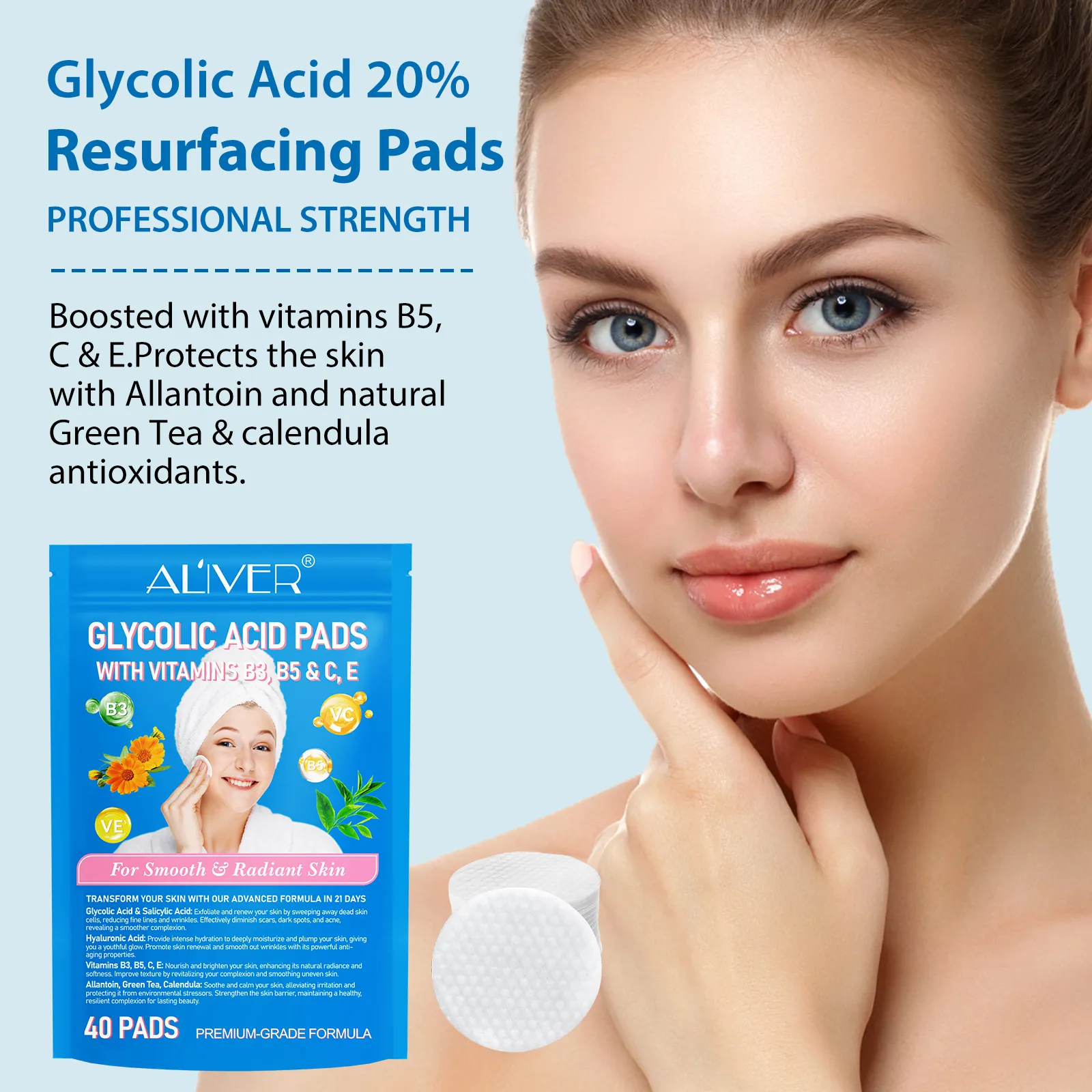 Aliver GLYCOLIC ACID PADSWITH VITAMINS B3,B5 & C, E 40p