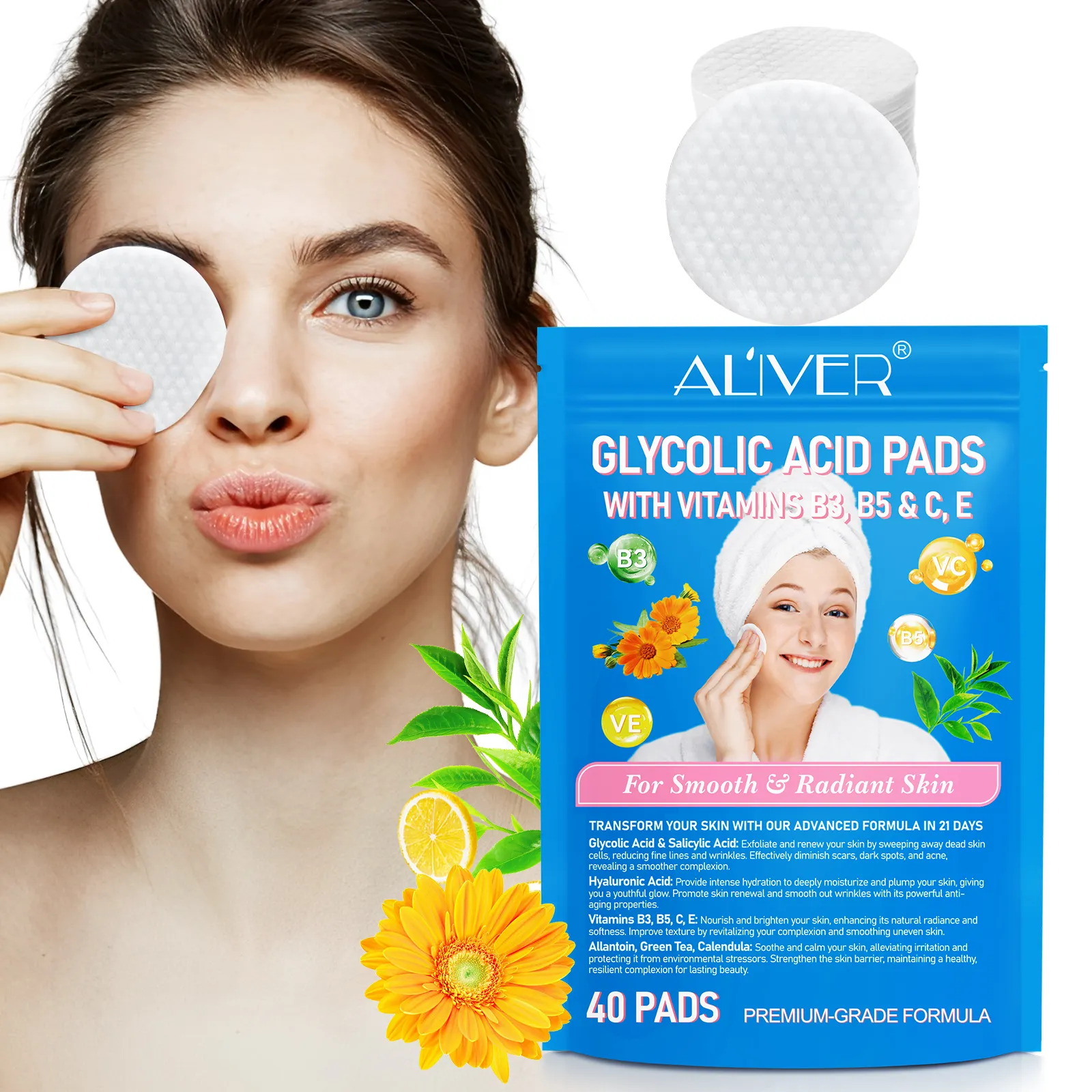 Aliver GLYCOLIC ACID PADSWITH VITAMINS B3,B5 & C, E 40p