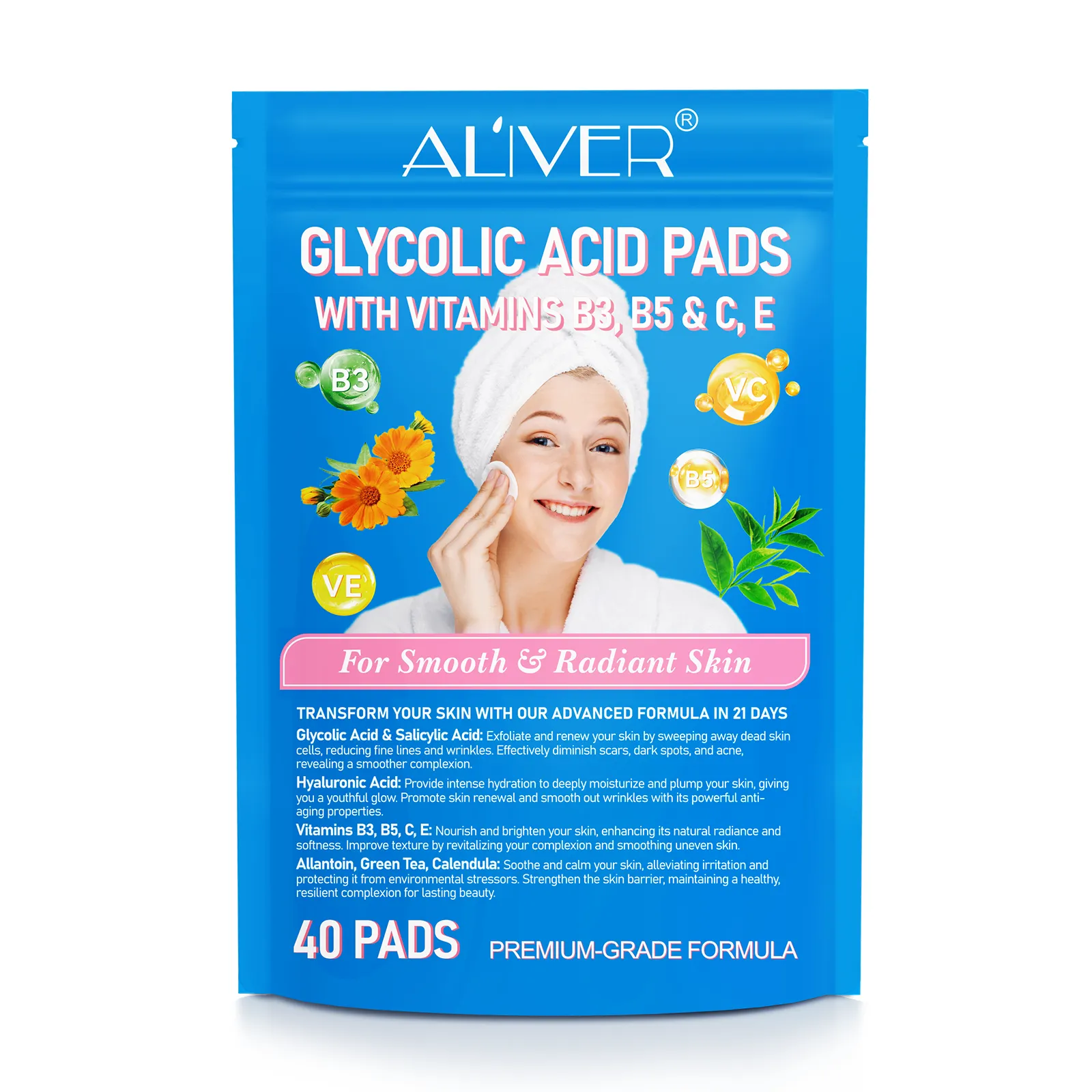Aliver GLYCOLIC ACID PADSWITH VITAMINS B3,B5 & C, E 40p