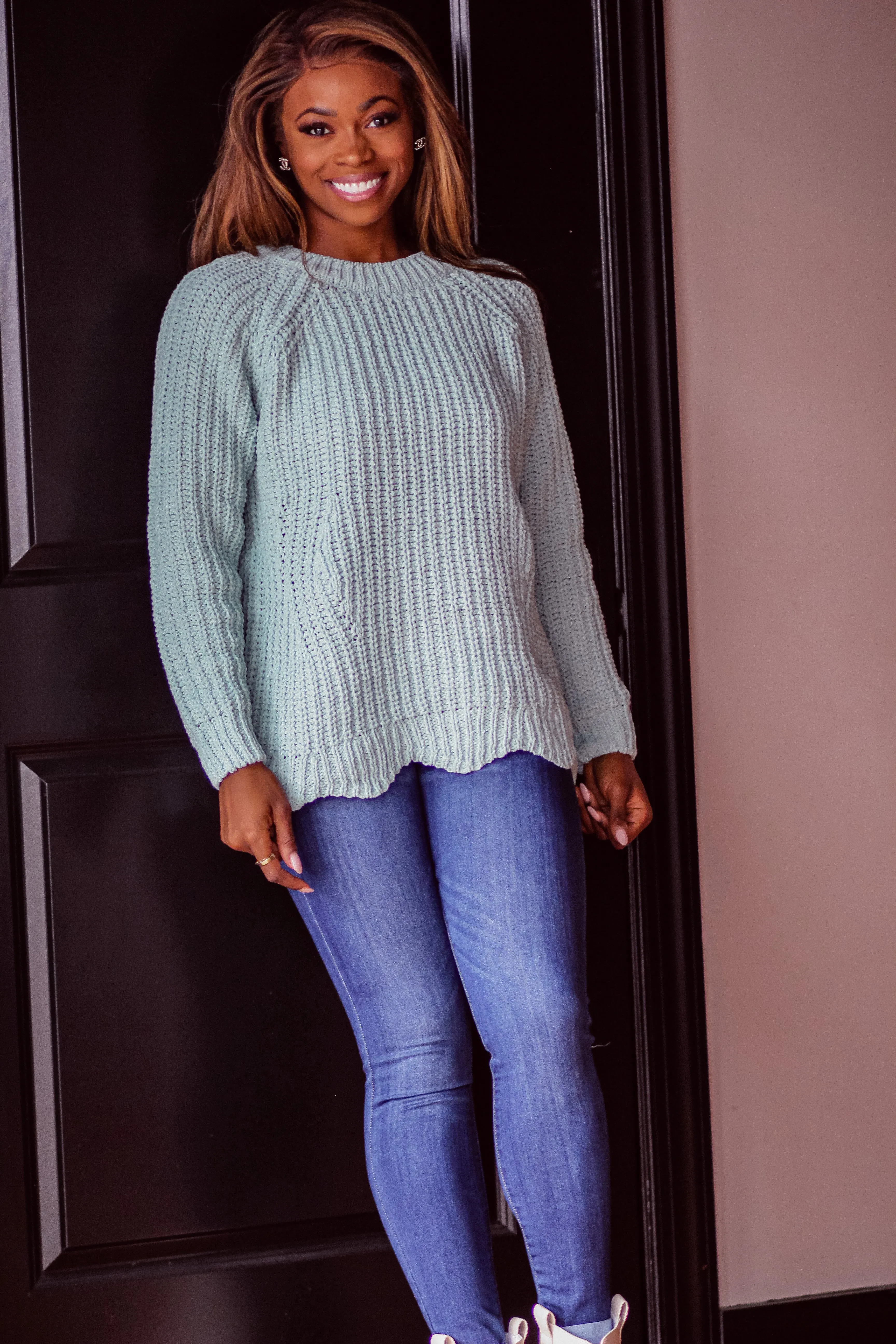 Aqua Scallop Hem Soft Knit Sweater