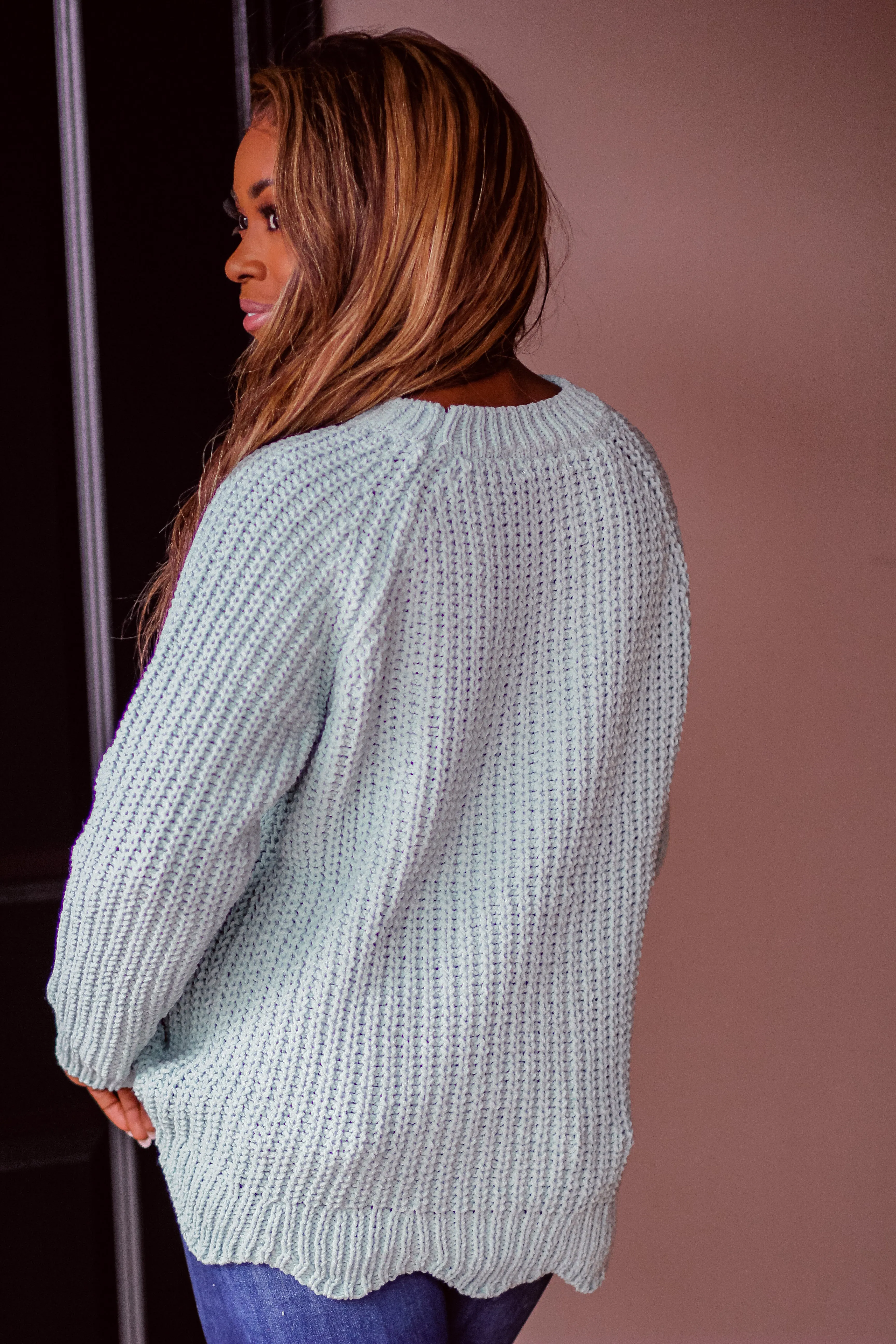 Aqua Scallop Hem Soft Knit Sweater