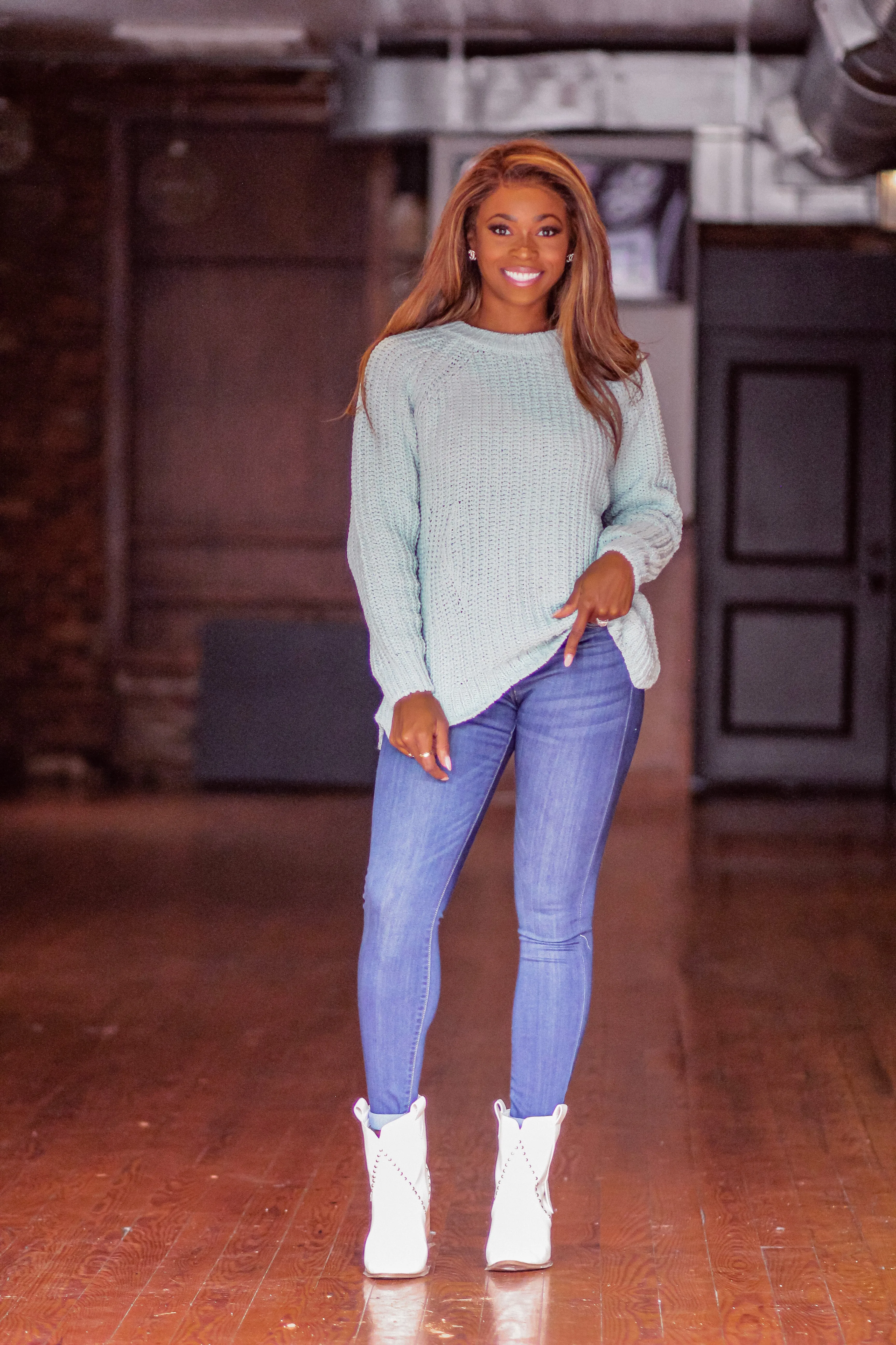 Aqua Scallop Hem Soft Knit Sweater