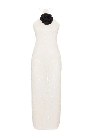 AYA 3D SATIN ROSE SEQUINED-TULLE HALTERNECK MIDI DRESS