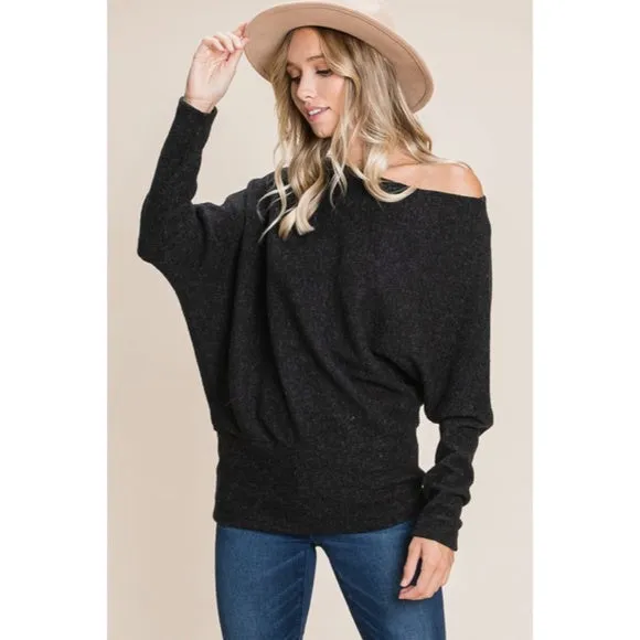 Black Solid Ribbed Off Shoulder Dolman Sweater Knit Casual Womens