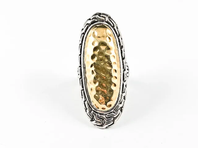 Classic Textured Long Slender Shape 2 Tone Tribal Accent Silver Ring