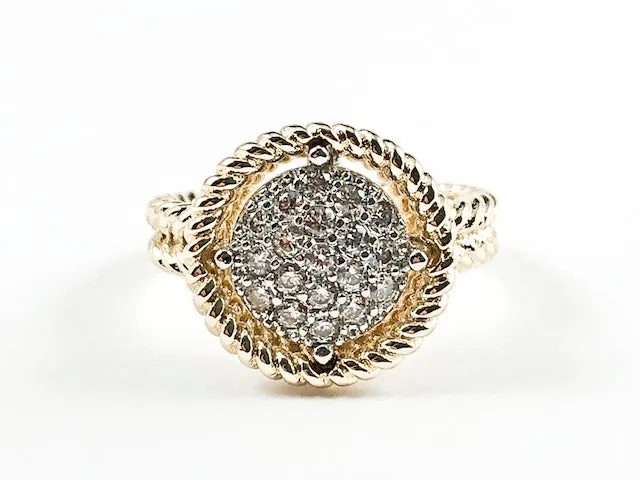 Elegant Textured Round Shape Center Micro Pave Style CZ Gold Tone Brass Ring