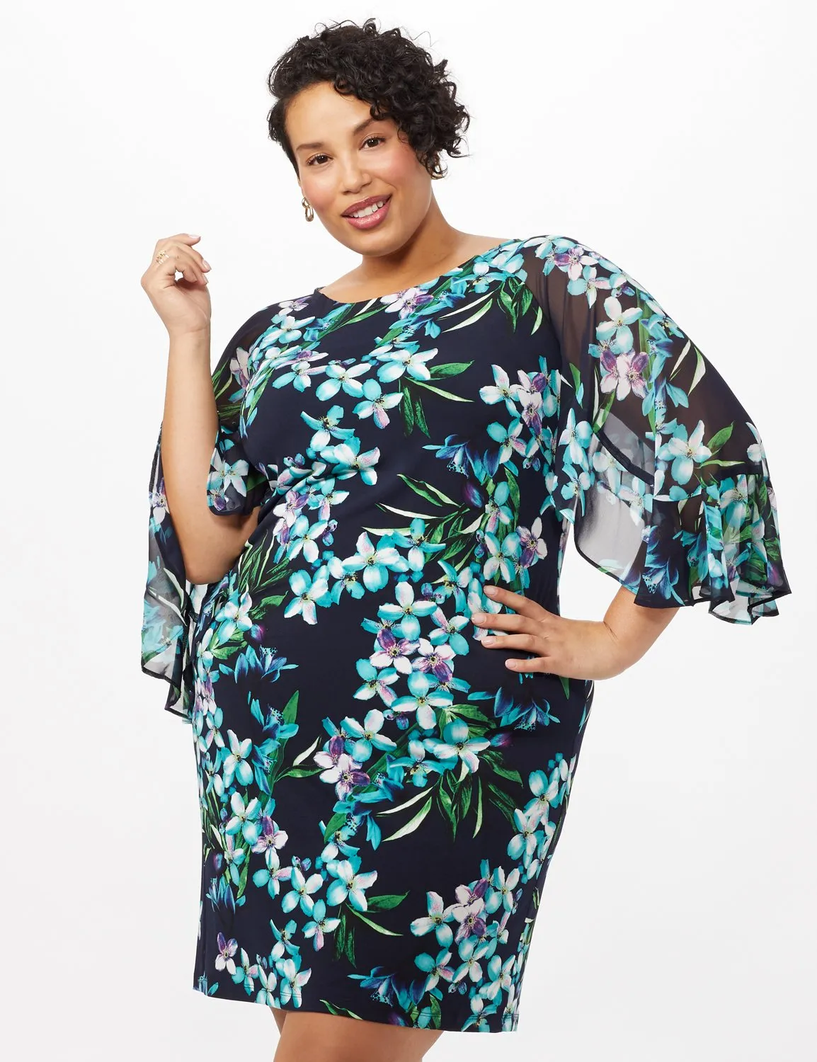 Floral Knit Dress with Chiffon Sleeves