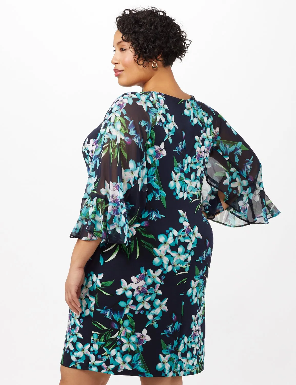 Floral Knit Dress with Chiffon Sleeves