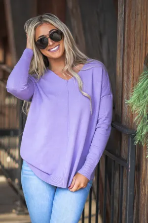 Lavender Soft Knit V Neck Sweater
