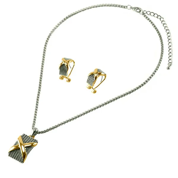 Modern Unique Cable Wire Texture X Design Earring Necklace Brass Set