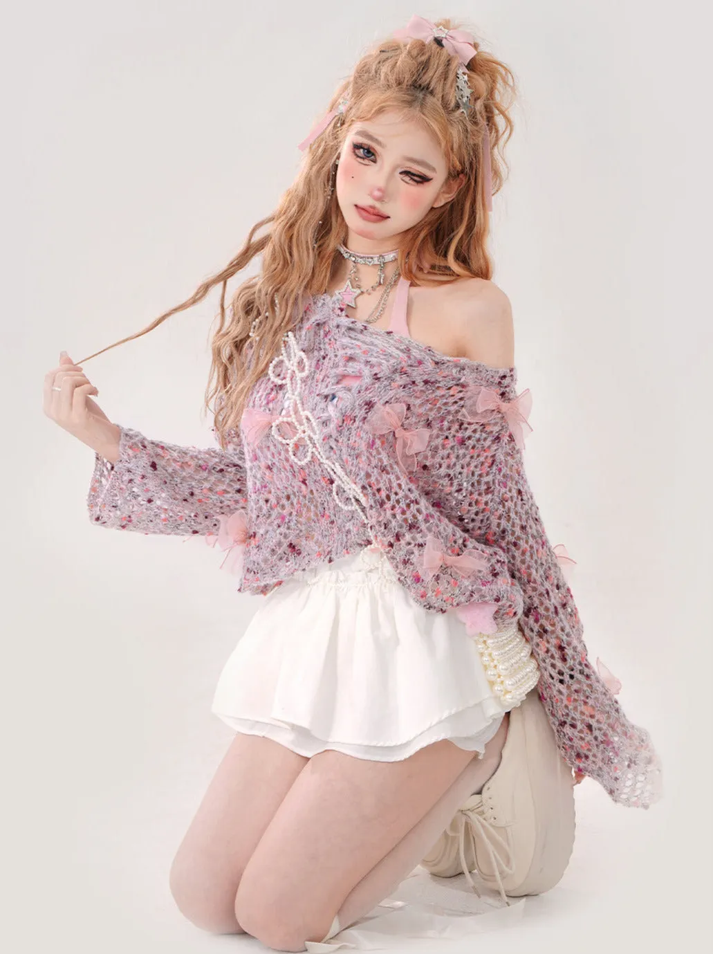 Openwork Short Ribbon Pink Floral Knit