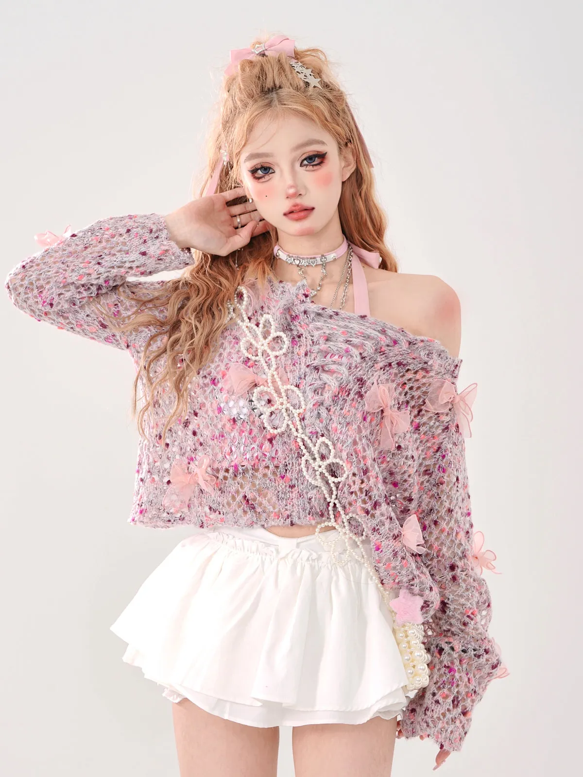 Openwork Short Ribbon Pink Floral Knit