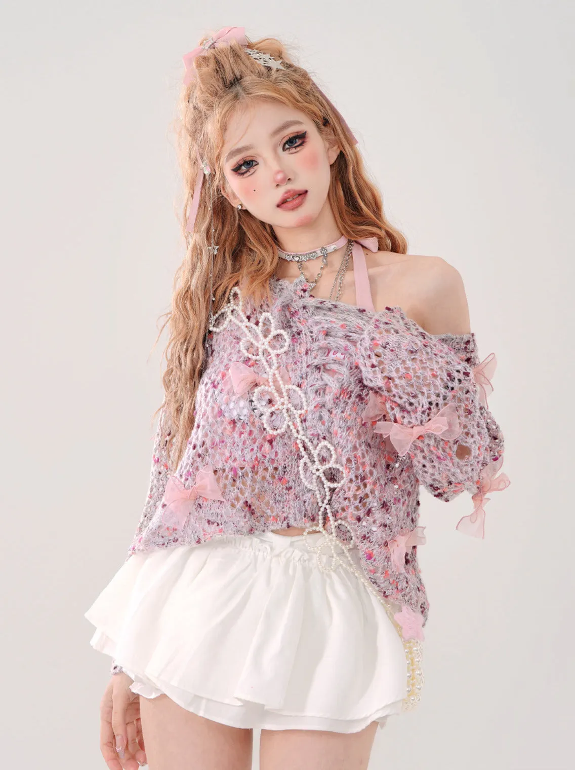 Openwork Short Ribbon Pink Floral Knit