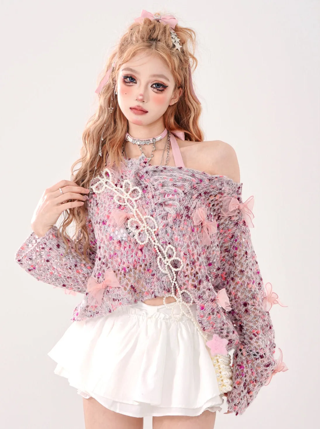 Openwork Short Ribbon Pink Floral Knit