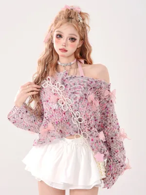 Openwork Short Ribbon Pink Floral Knit
