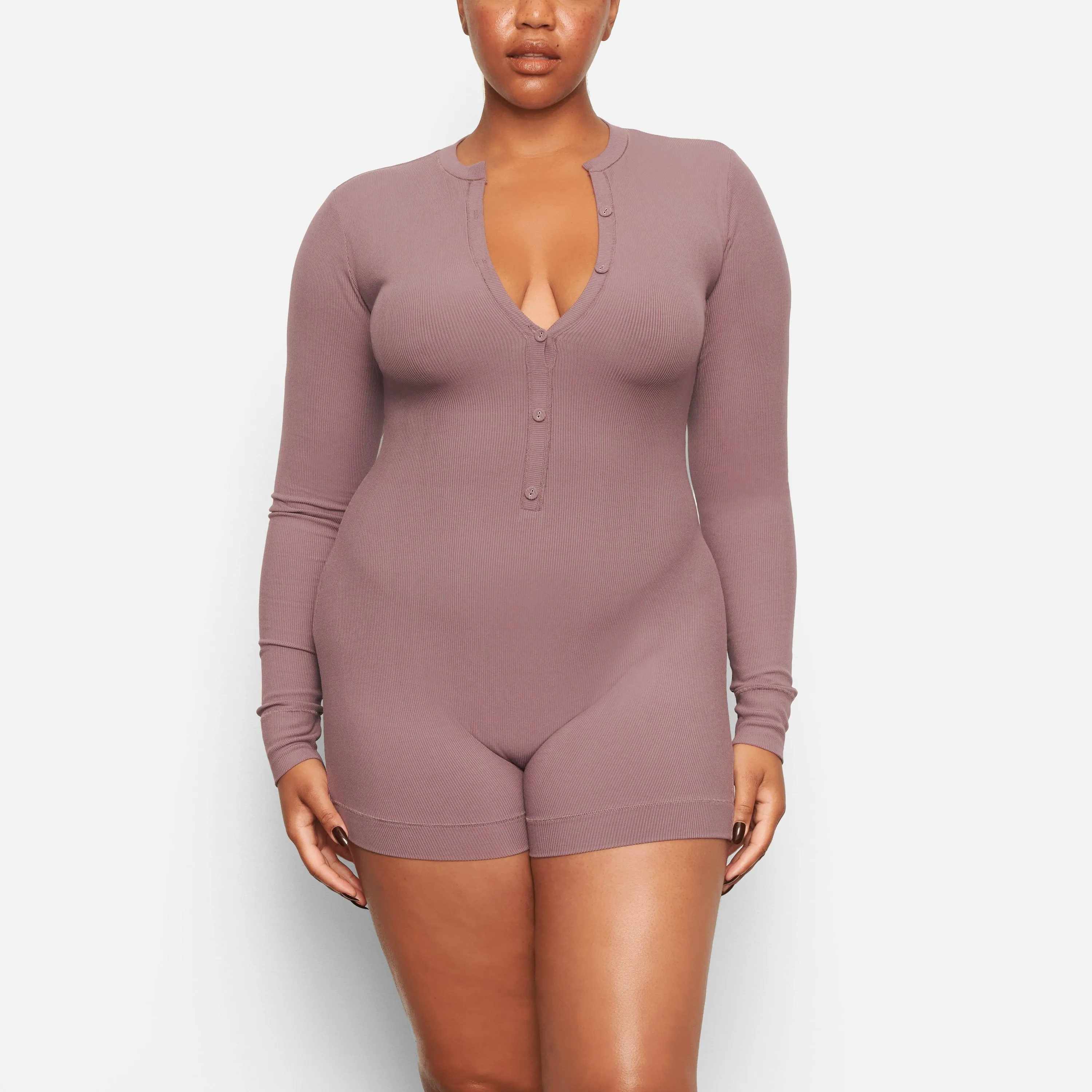 SOFT LOUNGE BUTTON UP HENLEY ONESIE | PLUM