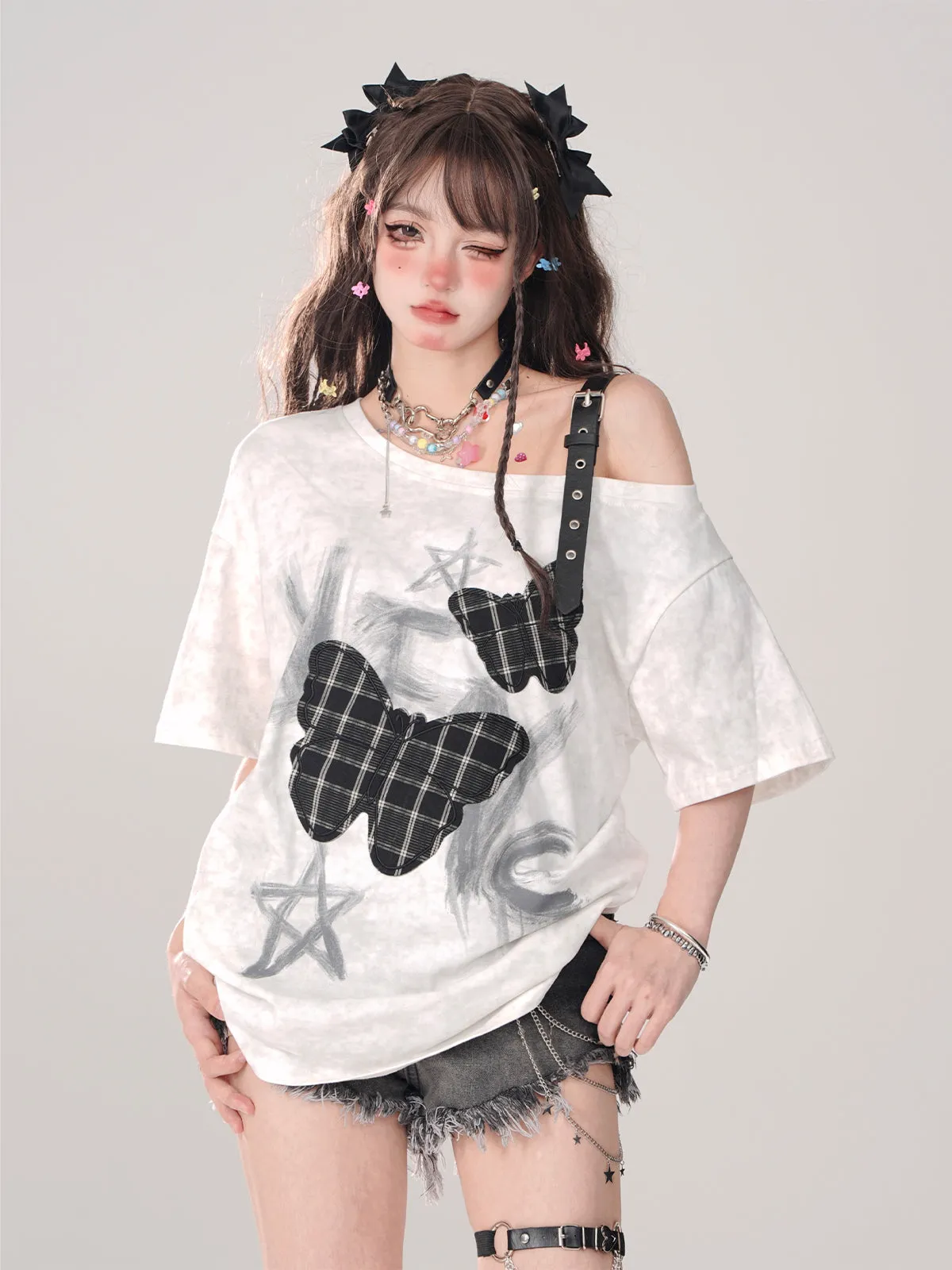 T-Shirt Sweet Loose Shoulder Strap Love One