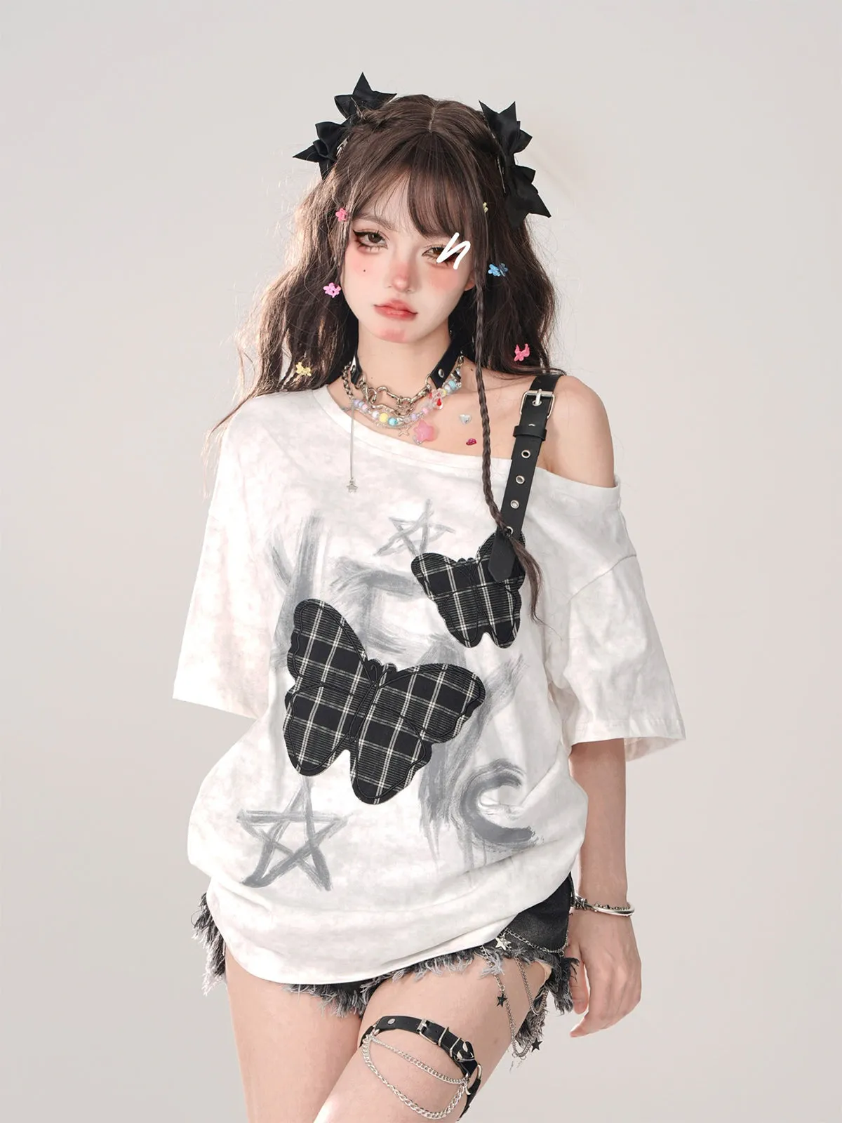 T-Shirt Sweet Loose Shoulder Strap Love One