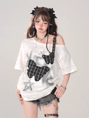 T-Shirt Sweet Loose Shoulder Strap Love One