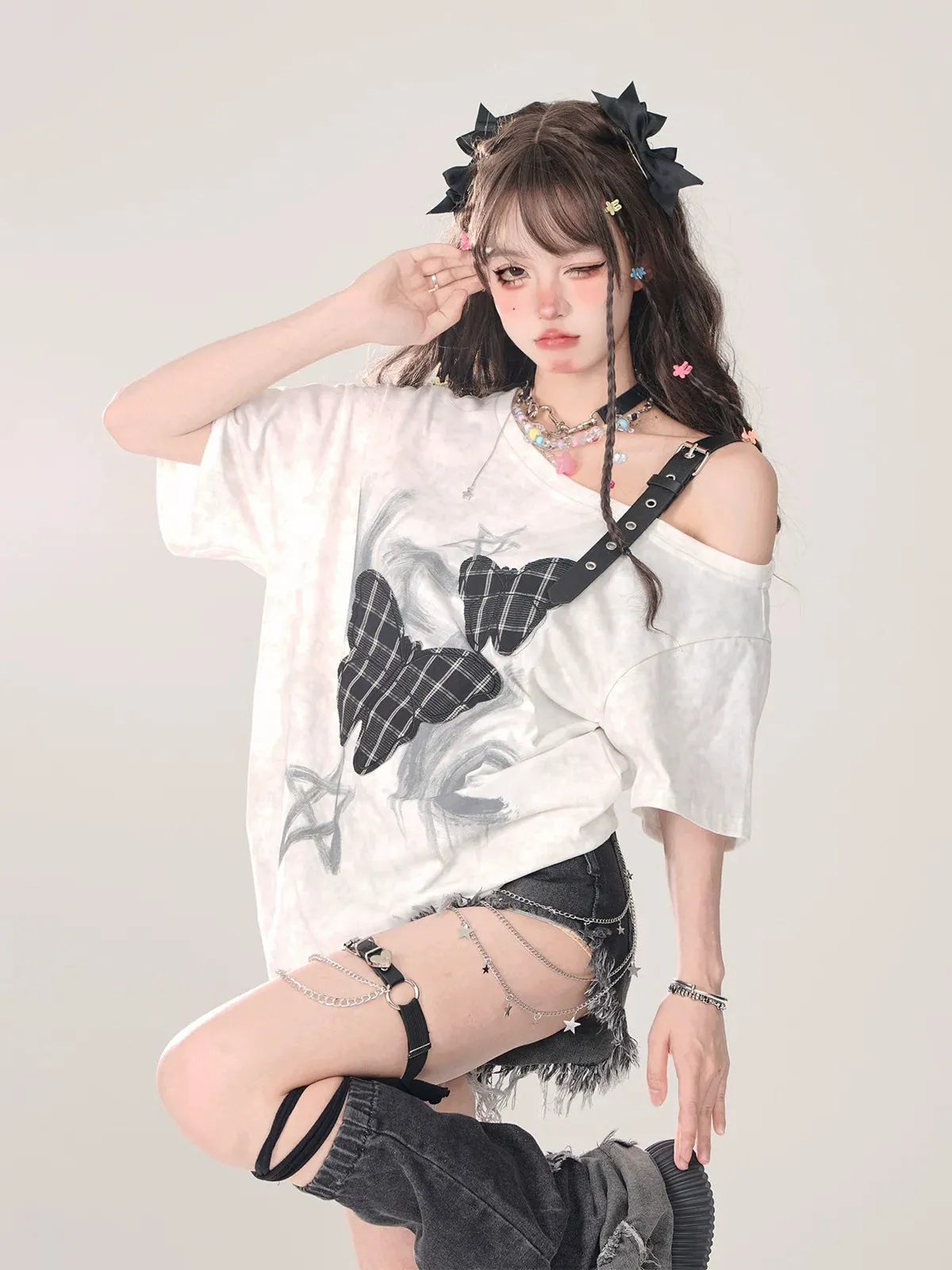 T-Shirt Sweet Loose Shoulder Strap Love One