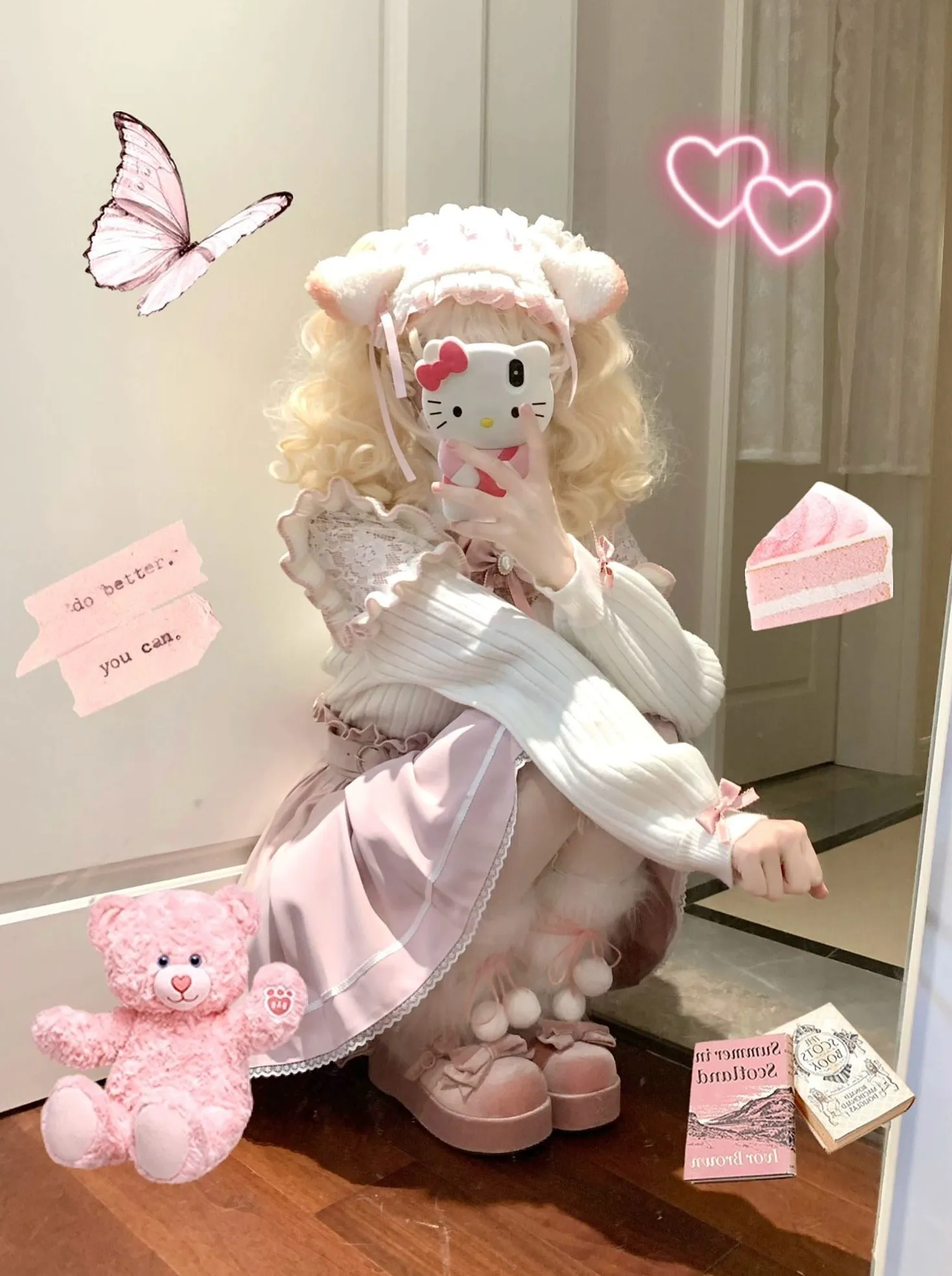 Turtle Neck Lace Frill Ribbon Knit   Nigh Waist Race Up Skirt