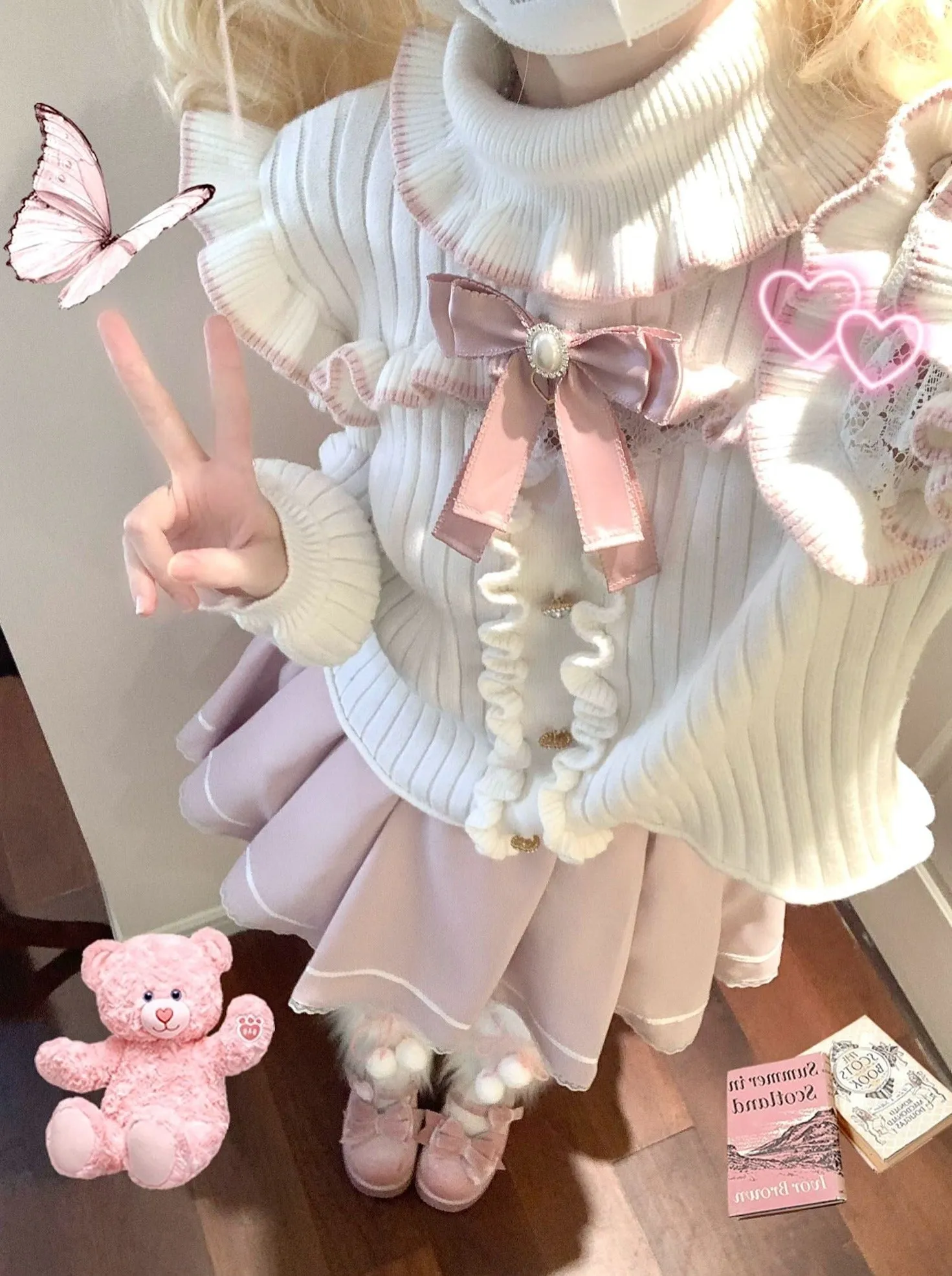 Turtle Neck Lace Frill Ribbon Knit   Nigh Waist Race Up Skirt