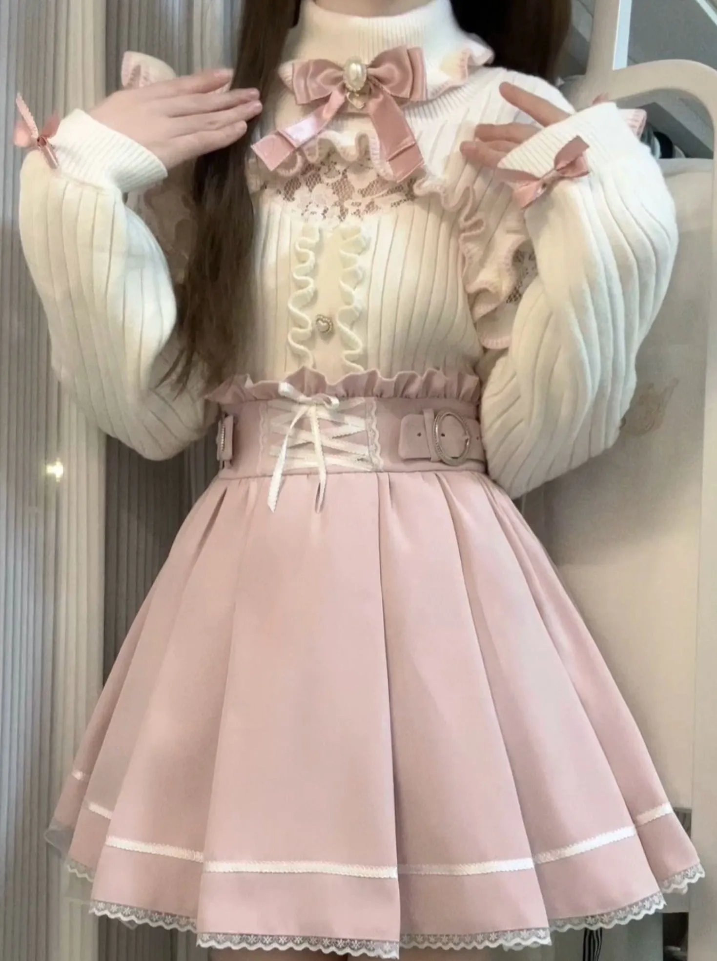 Turtle Neck Lace Frill Ribbon Knit   Nigh Waist Race Up Skirt