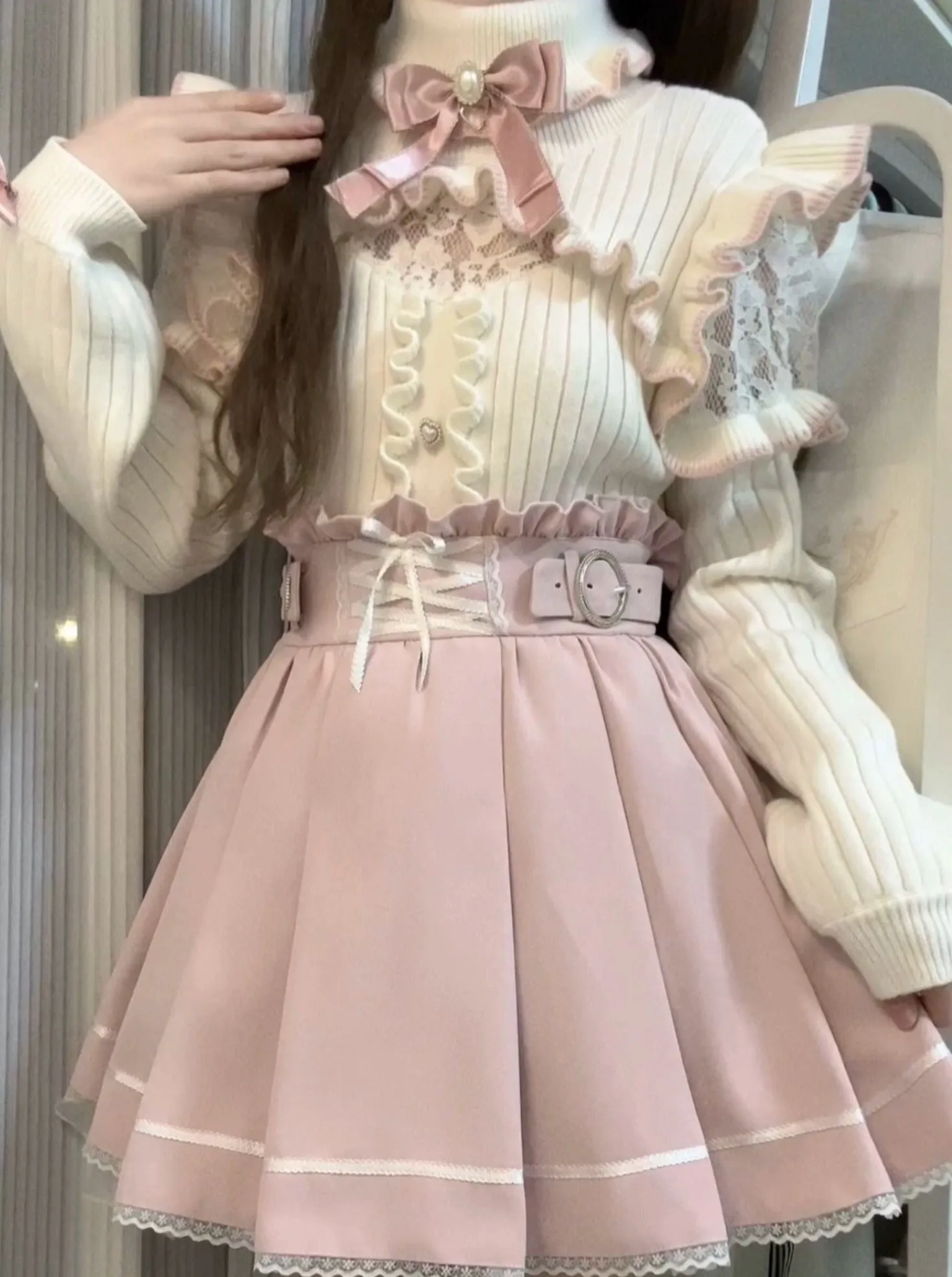 Turtle Neck Lace Frill Ribbon Knit   Nigh Waist Race Up Skirt