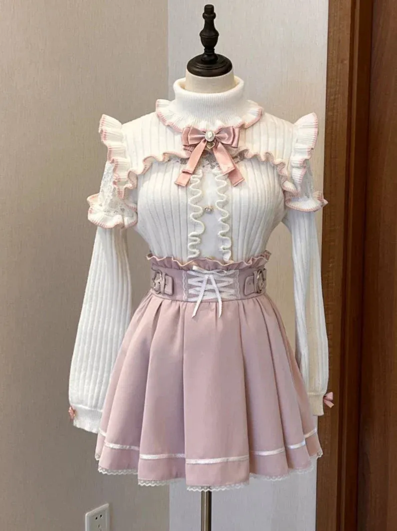 Turtle Neck Lace Frill Ribbon Knit   Nigh Waist Race Up Skirt