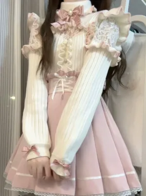 Turtle Neck Lace Frill Ribbon Knit   Nigh Waist Race Up Skirt